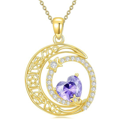 10K 14K 18K Gold Heart Birthstone Moon and Star Pendant  Necklace for Women