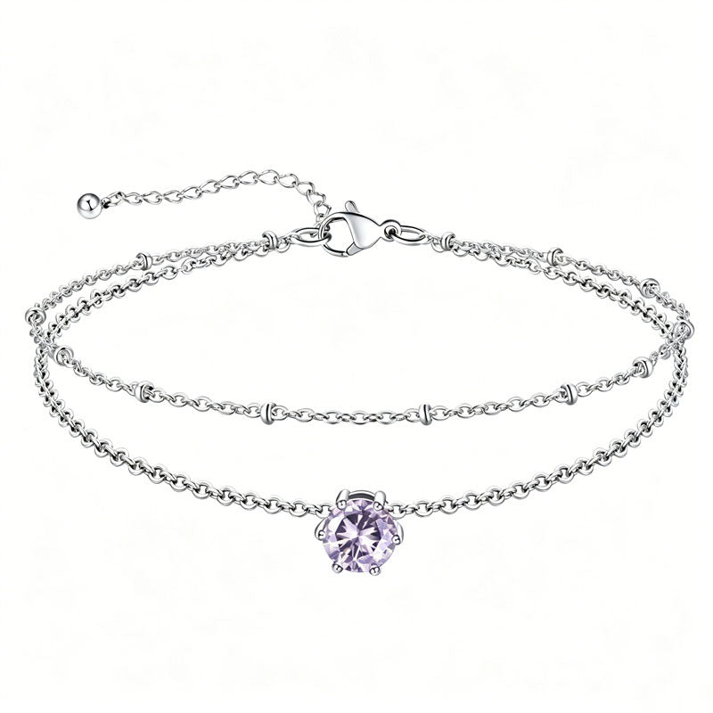 Sterling Silver  Round Birthstone Double Layer Charm Anklet
