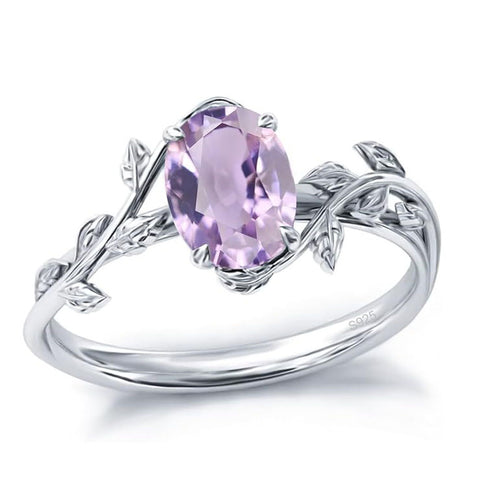 Sterling Silver  Oval Birthstone  Leaf Promise Ring for Her