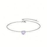 Sterling Silver Simple Dainty Round Heart Birthstone Single Layer Charm Anklet