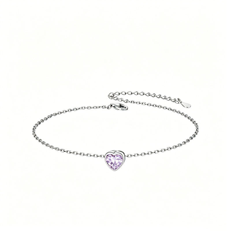 Sterling Silver Simple Dainty Round Heart Birthstone Single Layer Charm Anklet