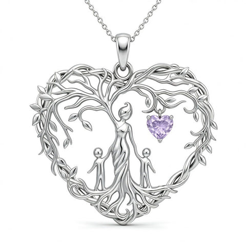 Sterling Silver Heart Pendant Birthstone Tree of Life Mother Child Family Necklace