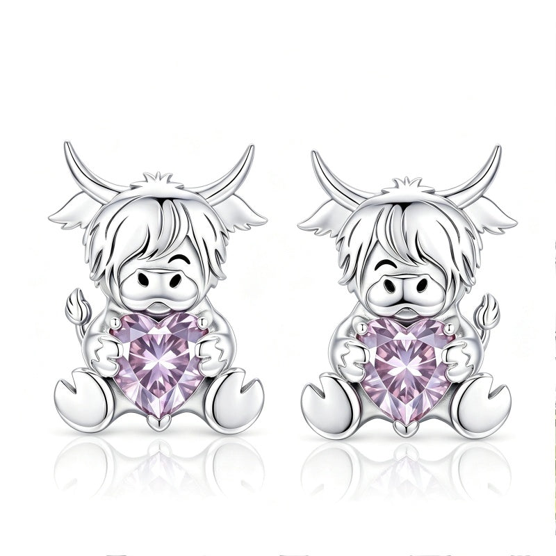Sterling Silver 12 Month Birthstone Highland Cow Stud Earrings Christmas Gift