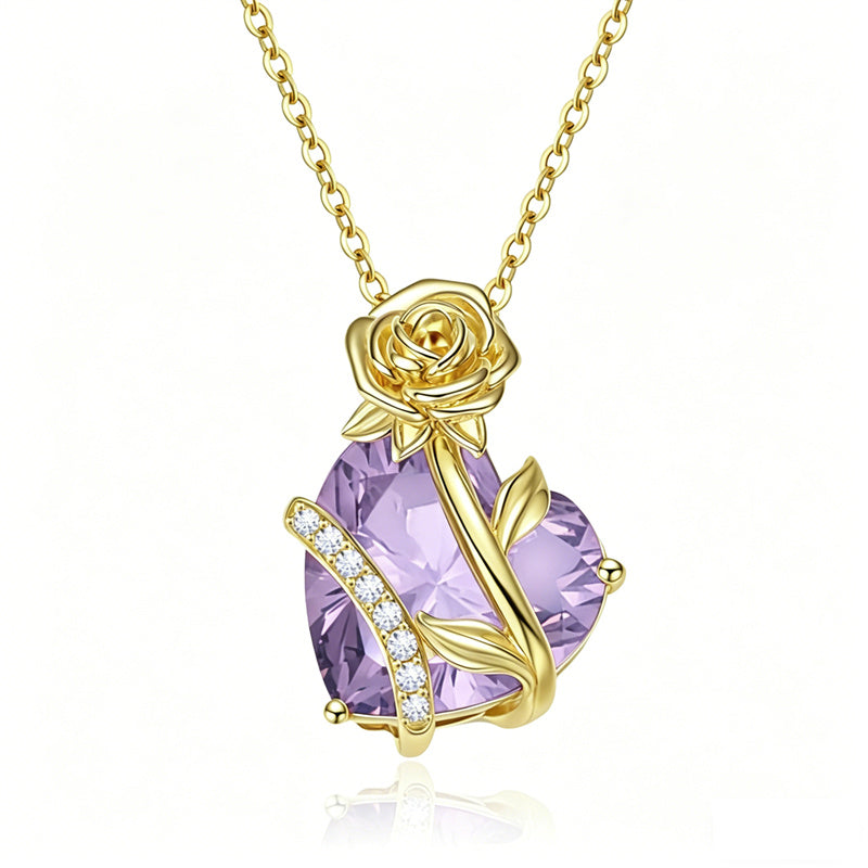 10K 14K 18K Gold Heart Birthstone Rose Pendant Necklace Gifts for Wife Girlfriend Mom Daughter Grandma