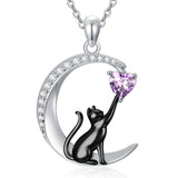 Sterling Silver Heart Birthstone Cat Pendant Necklace