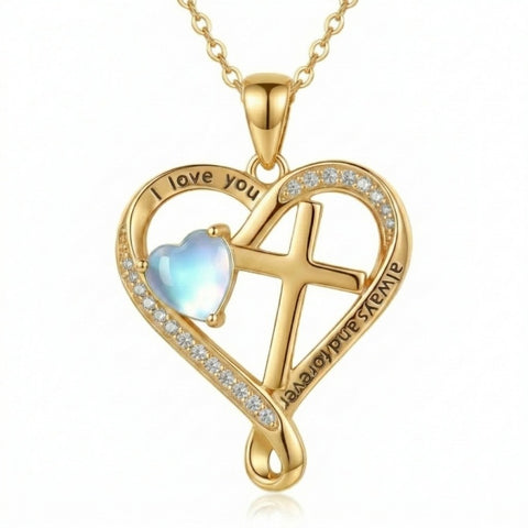 14K Gold Plated Heart  Birthstone Cross Necklace Engraved with I Love You Always and Forever