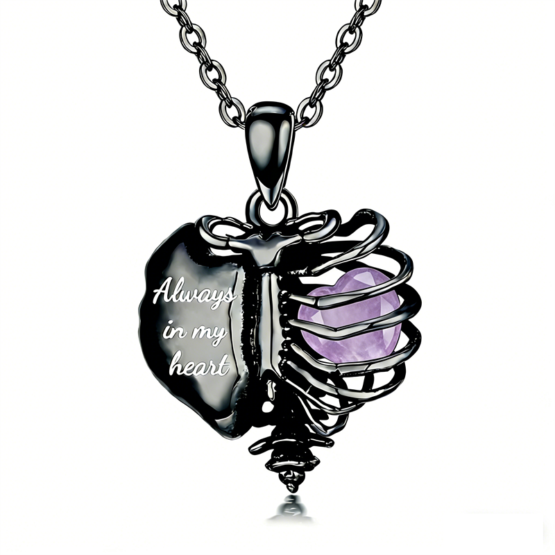 Sterling Silver Black Heart Skeleton Necklace With Engraved