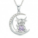 Sterling Silver Round Heart Birthstone Highland Cow Pendant Necklace Fluffy Cow Jewelry Gifts Birthday Christmas