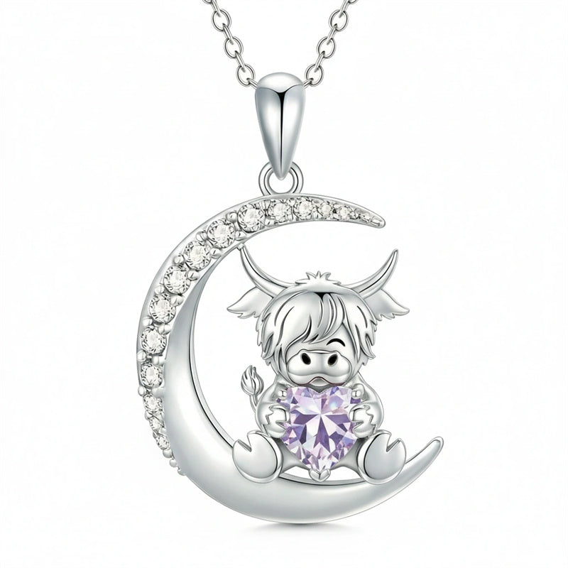 Sterling Silver Round Heart Birthstone Highland Cow Pendant Necklace Fluffy Cow Jewelry Gifts Birthday Christmas