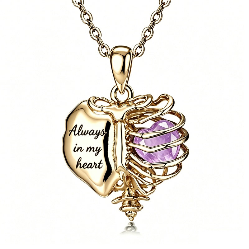 14K Gold Plated  Heart Birthstone Skeleton Necklace With Engraved