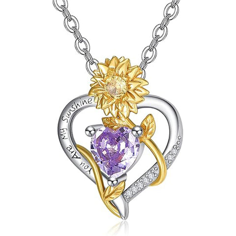 Sterling Sliver Birthstone Love Heart & Sunflower Pendant Necklace Engraved With You Are My Sunshine