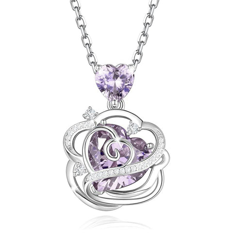 Sterling Silver Thornless Pulse Heart Birthstone  Rose Pendant Necklace
