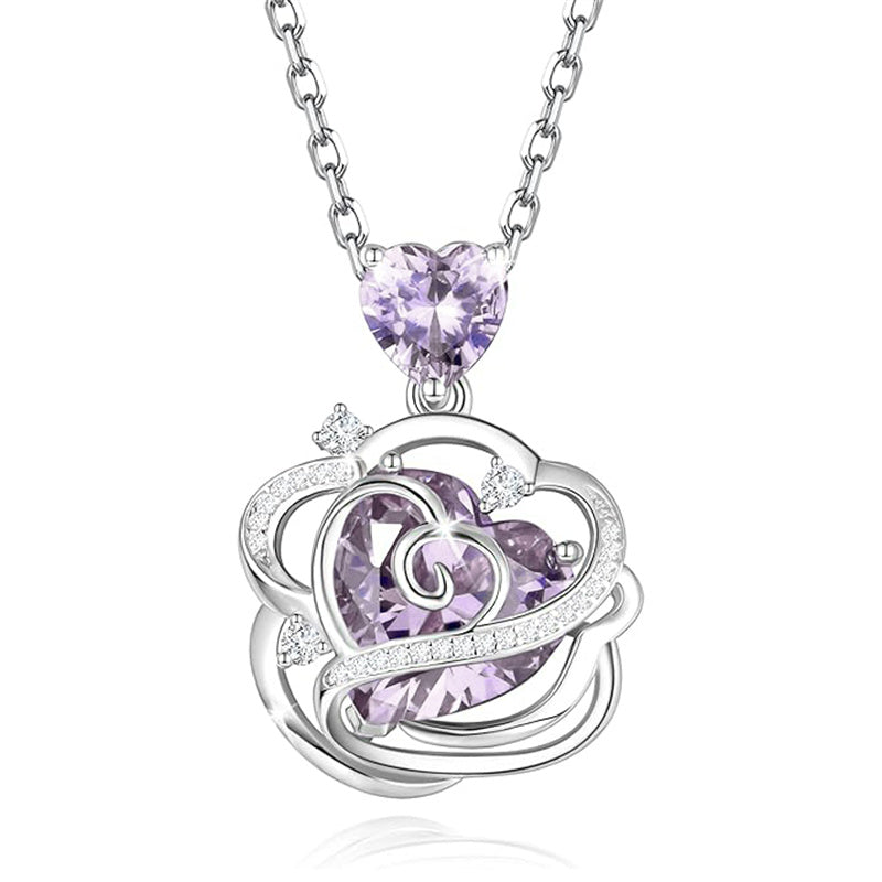Sterling Silver Thornless Pulse Heart Birthstone  Rose Pendant Necklace