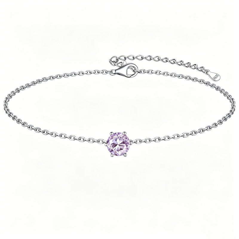 Sterling Silver Simple Dainty Round Heart Birthstone Single Layer Charm Anklet