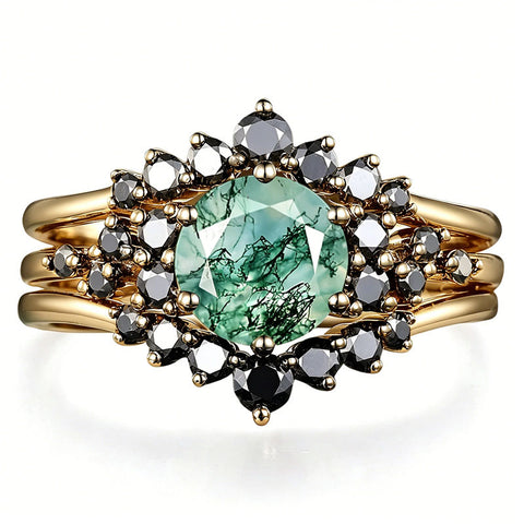 Sterling Silver 10K 14K 18K Gold 2CT Moss Agate Vine Leaf Women's Bridal Ring Sets for Wedding Engagement