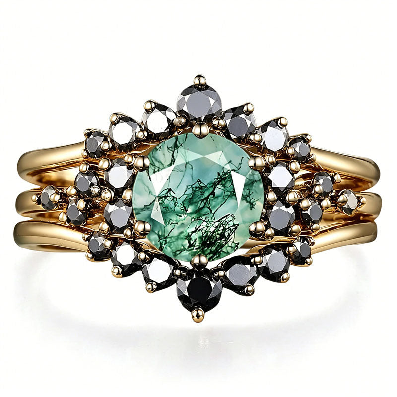 Sterling Silver 10K 14K 18K Gold 2CT Moss Agate Vine Leaf Women's Bridal Ring Sets for Wedding Engagement
