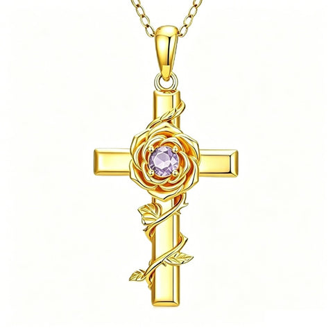 Birthstone Cross 14K Gold Plated Pendant Rose Cross Necklace for Women