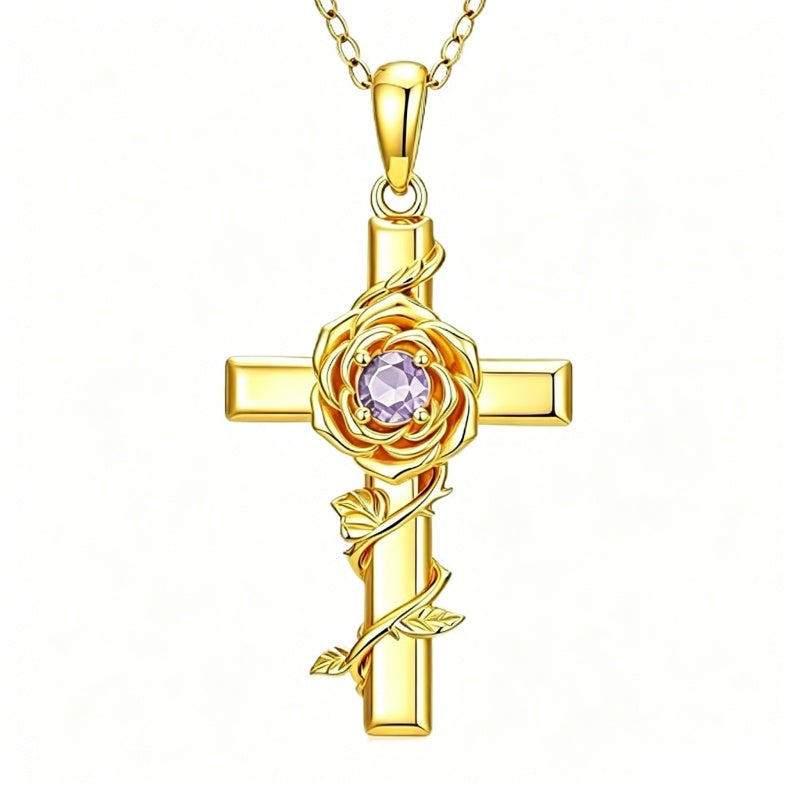 Birthstone Cross 14K Gold Plated Pendant Rose Cross Necklace for Women