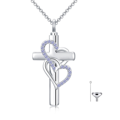 Sterling Silver Birthstone Cross Urn Necklace for Ashes