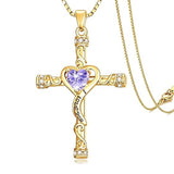 14K Gold Plated Heart Cut Cubic Zirconia Cross  Pendant Necklace For Women Religious Faith Jewelry
