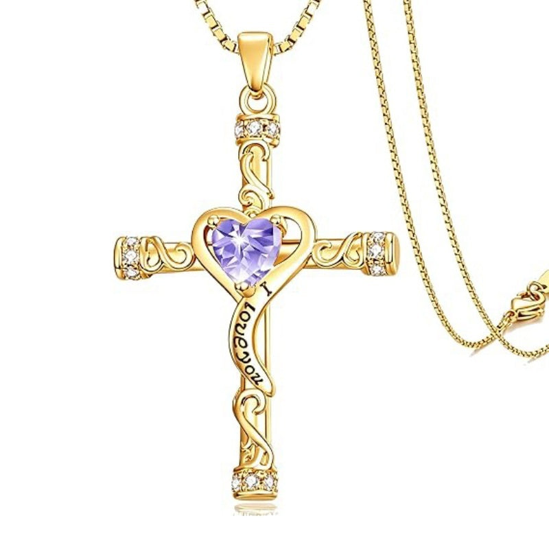 14K Gold Plated Heart Cut Cubic Zirconia Cross  Pendant Necklace For Women Religious Faith Jewelry