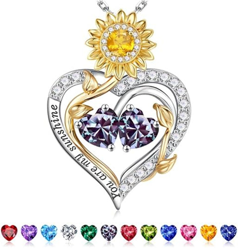 Sterling Silver Double Heart Birthstone Sunflower Necklace Engraved with You Are My Sunshine