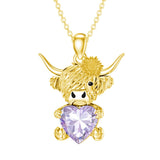14K Gold Heart Birthstone Highland Cow Pendant Necklace