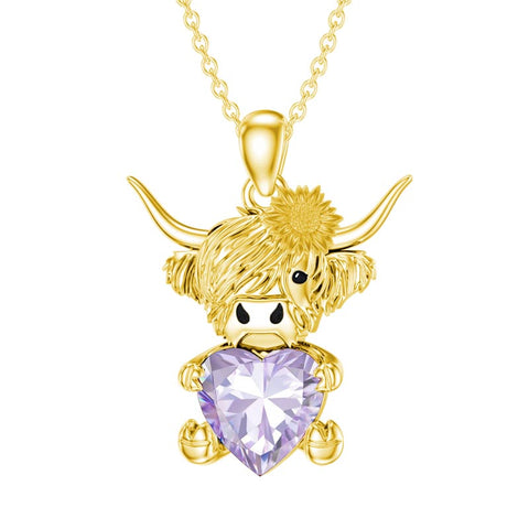 14K Gold Heart Birthstone Highland Cow Pendant Necklace