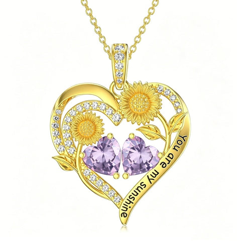 Double Birthstone Necklace 14K Gold Plated You Are My Sunshine Sunflower Necklace Heart Pendant Necklace