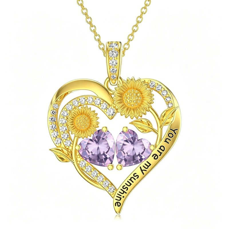 Double Birthstone Necklace 14K Gold Plated You Are My Sunshine Sunflower Necklace Heart Pendant Necklace