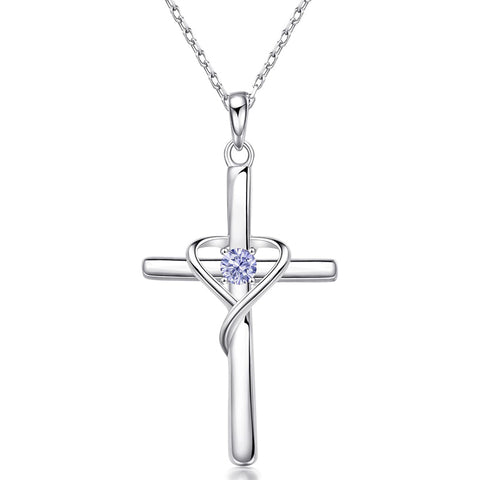 925 Sterling Silver Cross Necklace for Women Men CZ Birthstone Necklaces Gifts for Mother's Day Birthday