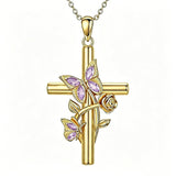 Birthston Butterfly Rose 14K Plated Gold Cross Pendant Necklace for Women
