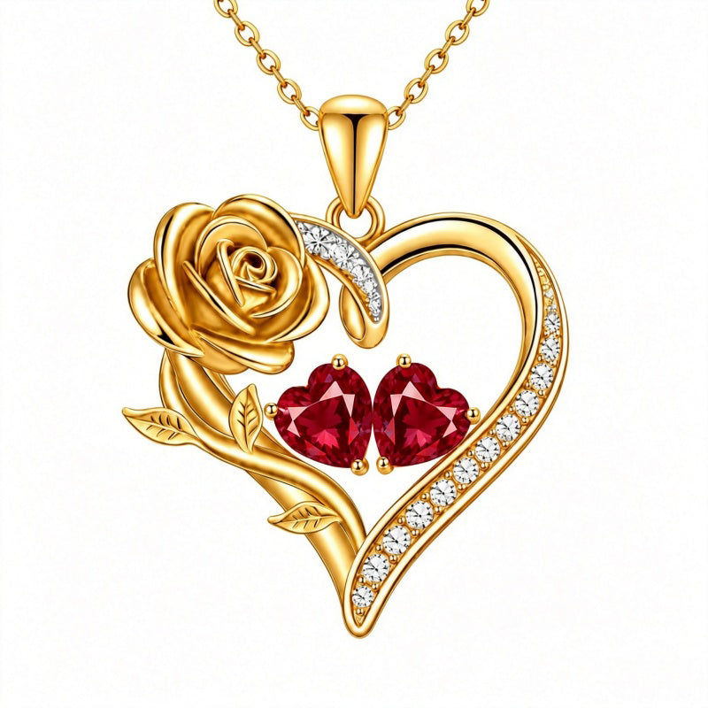 14K Gold Plated Double Heart Birthstone Rose Pendant Necklace for Women