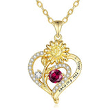 Sterling Sliver Birthstone Love Heart & Sunflower Pendant Necklace Engraved With You Are My Sunshine