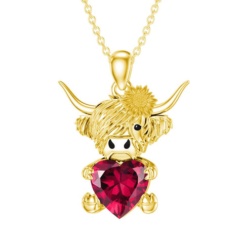 14K Gold Heart Birthstone Highland Cow Pendant Necklace