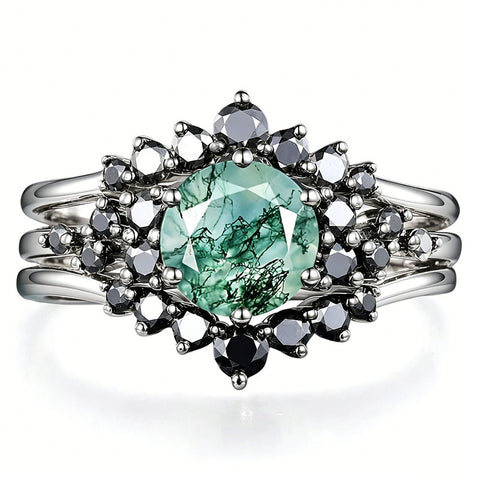 Sterling Silver 10K 14K 18K Gold 2CT Moss Agate Vine Leaf Women's Bridal Ring Sets for Wedding Engagement