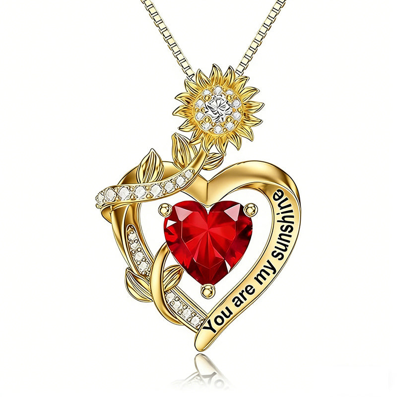 10K 14K 18K Gold  12 Months Birthstones Sunflower Pendant Necklace Engraved with You are My Sunshine