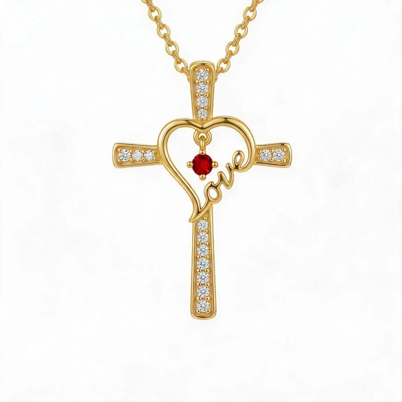 14K Gold Plated  Birthstone  LOVE Heart Cross Necklace for Women Faith Jewelry
