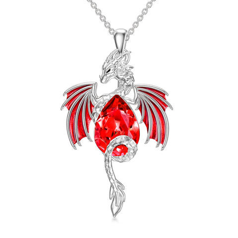 Dragon Necklace for Men Sterling Silver Birthstone Wyvern Necklace Embllished with Teardrop Shaped Crystal Jewelry Gift for Women Girl