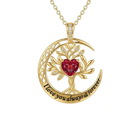 10K 14K 18K Gold Birthstone Tree of Life Pendant Necklace Engraved with I Love You Always & Forever