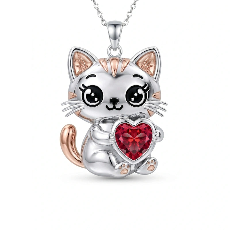 Sterling Silver 12 Month Birthstone Cat Pendant Necklace Birthstone Jewelry Gifts for Birthday