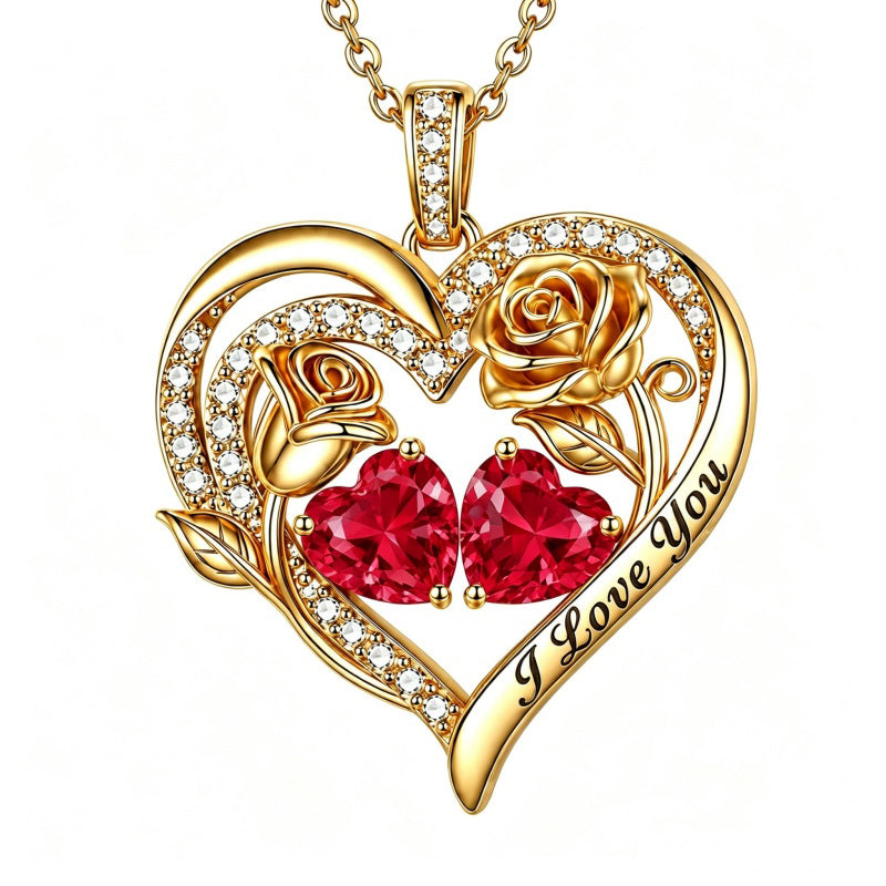 14K Gold Plated Double Heart Birthstone Rose Pendant Necklace for Women
