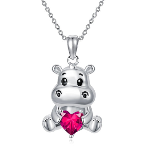 Sterling Silver Birthstone Hippo Pendant Necklace Birthday Christmas Gift