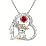 Sterling Silver Round Heart Birthstone Highland Cow Pendant Necklace Fluffy Cow Jewelry Gifts Birthday Christmas