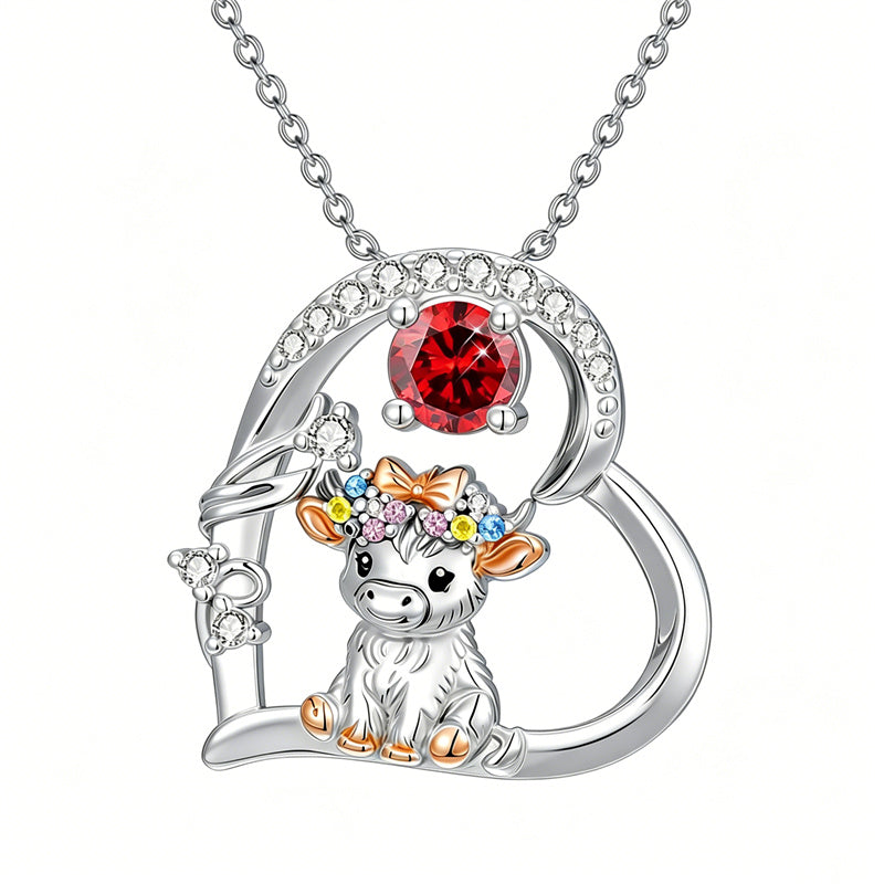 Sterling Silver Round Heart Birthstone Highland Cow Pendant Necklace Fluffy Cow Jewelry Gifts Birthday Christmas