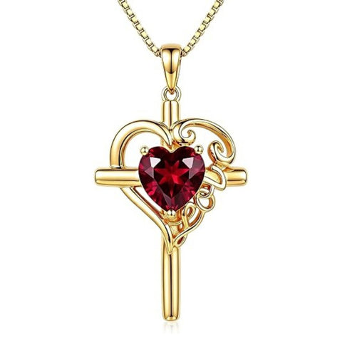 14K Gold  Plated Heart Shape Birthstone  Love Cross Necklace for Women Religious Jewelry