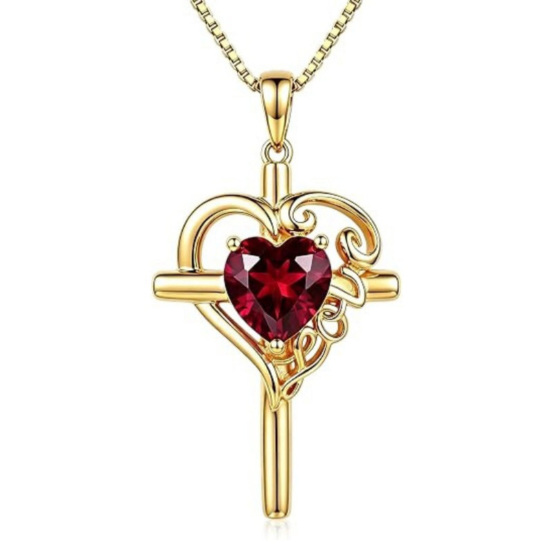 14K Gold  Plated Heart Shape Birthstone  Love Cross Necklace for Women Religious Jewelry