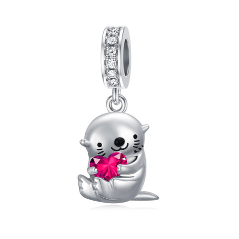 Sterling Silver Birthstone Otter Bead Charm for  Otter Lovers