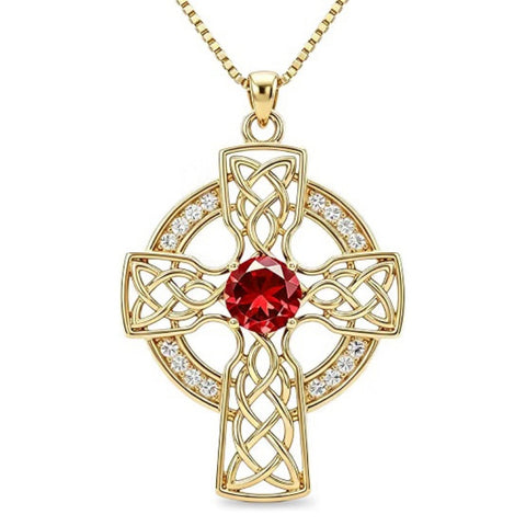 14K Gold Plated Birthstone Celtic Knotwork Cross Necklace for Women