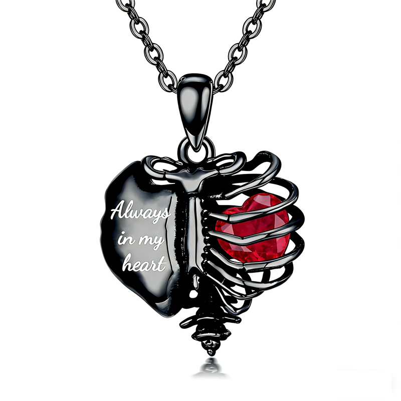 Sterling Silver Black Heart Skeleton Necklace With Engraved